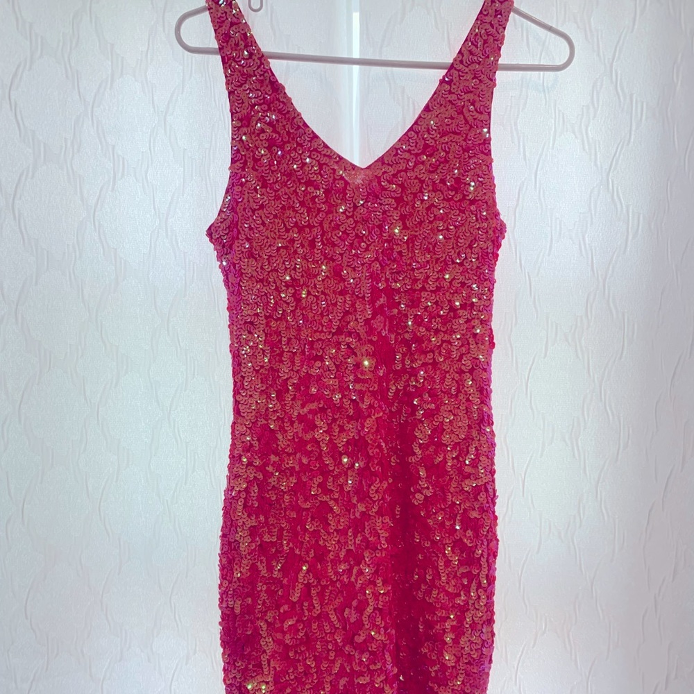 Pink sequin v neck sleeveless mini dress. Brand: Bikbok